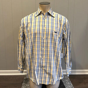 Faconnable Men’s Medium Button Down Dress Shirt Embroidered Logo Plaid